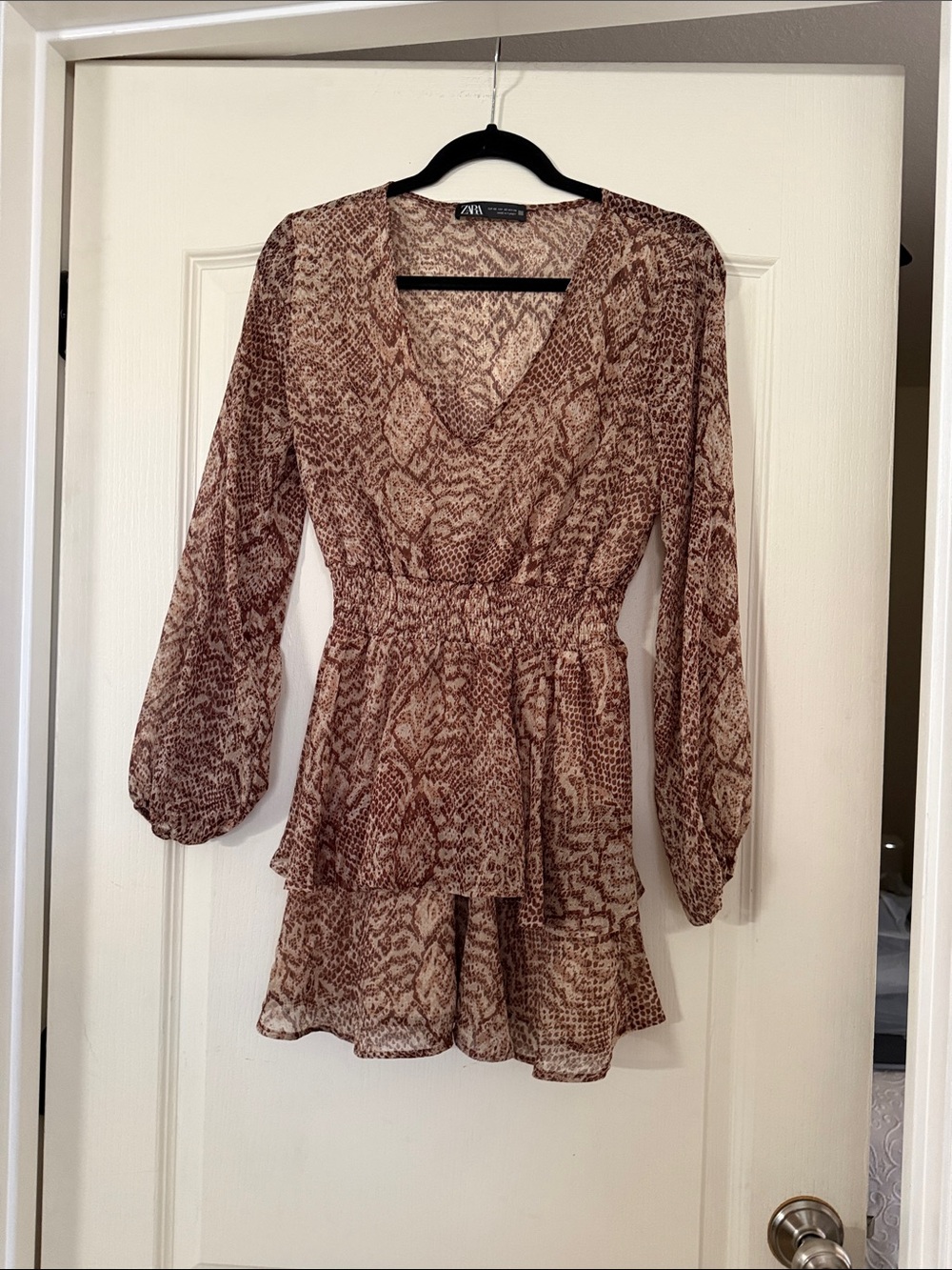 ZARA Brown Snake-Print V-Neck Peplum